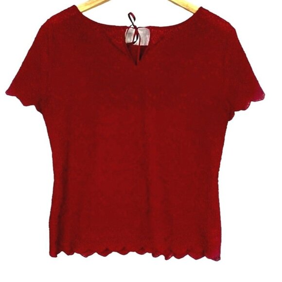 Ann Taylor LOFT Embroidered Short Sleeve Sheer Lace Top Tie Back M Red #2554 - Picture 1 of 12
